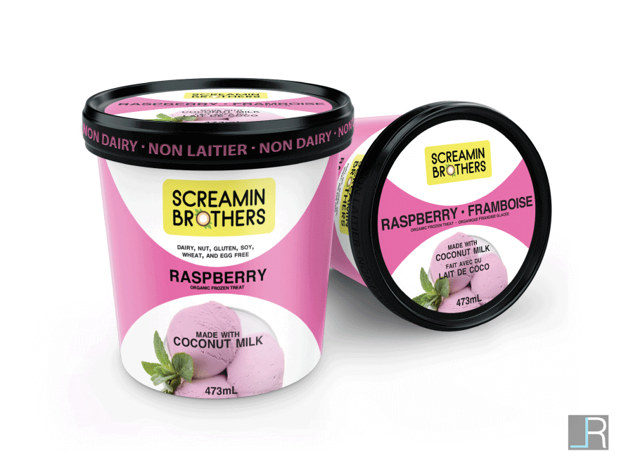 Screamin Brothers Raspberry Flavour Frozen Treat Package (English Front Side): Photo of raspberry frozen treat in a pink theme